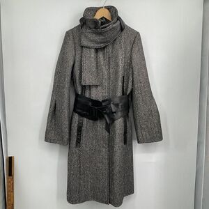Mackage Gray Black Leather Belted Herringbone Wool Blend Pea Coat Size Large NWT